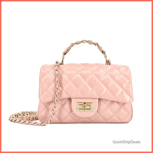 Handbags - Quilted Leather Crossbody Bag with Gold Chain Strap and Top Handle